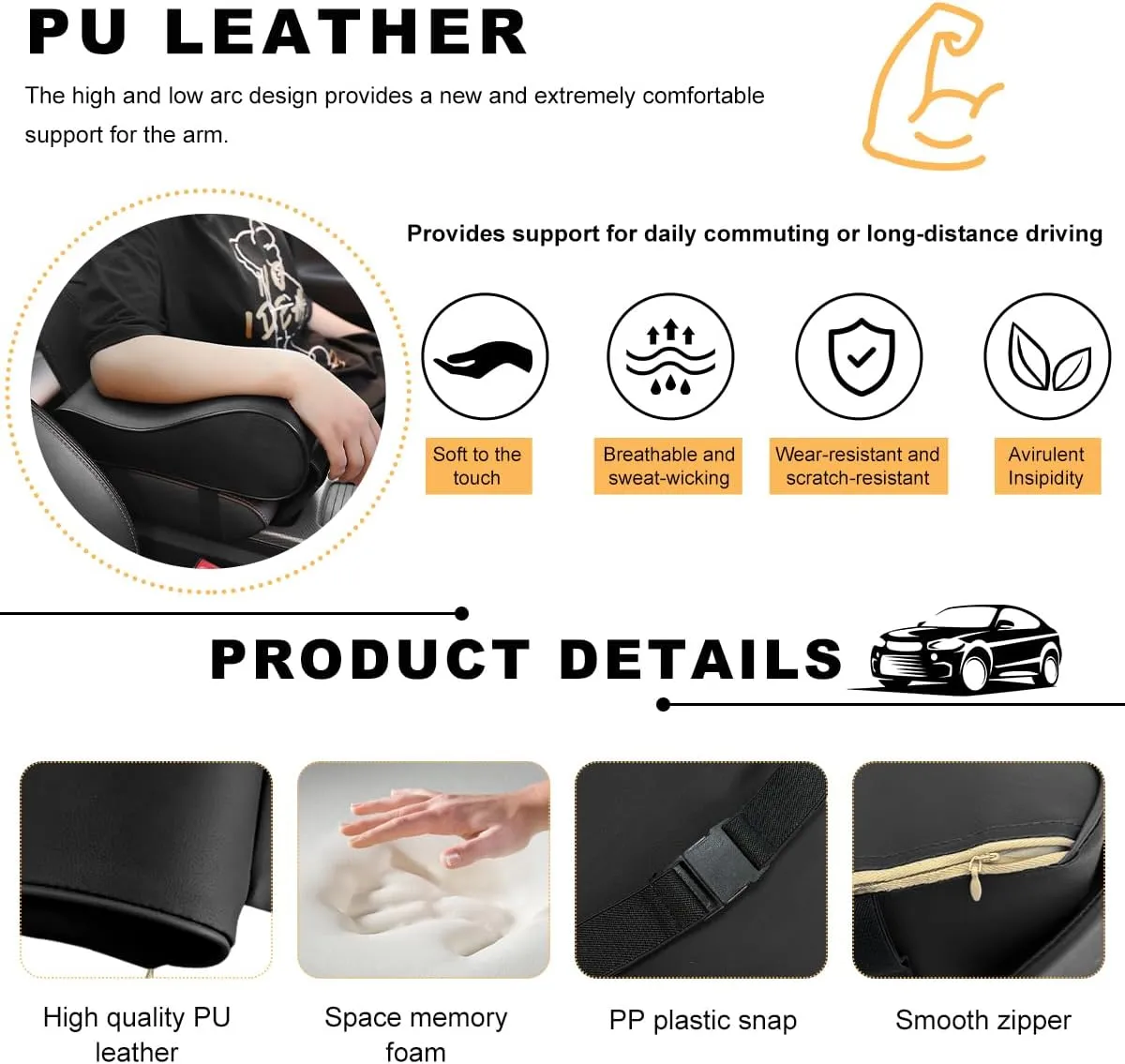Car Armrest Cushion, Memory Foam Auto Armrest Cushion Pad with Phone Holder Storage Bag, Leather Center Console Armrest Pillow for Most Vehicles, Universal Car Accessories (Black)