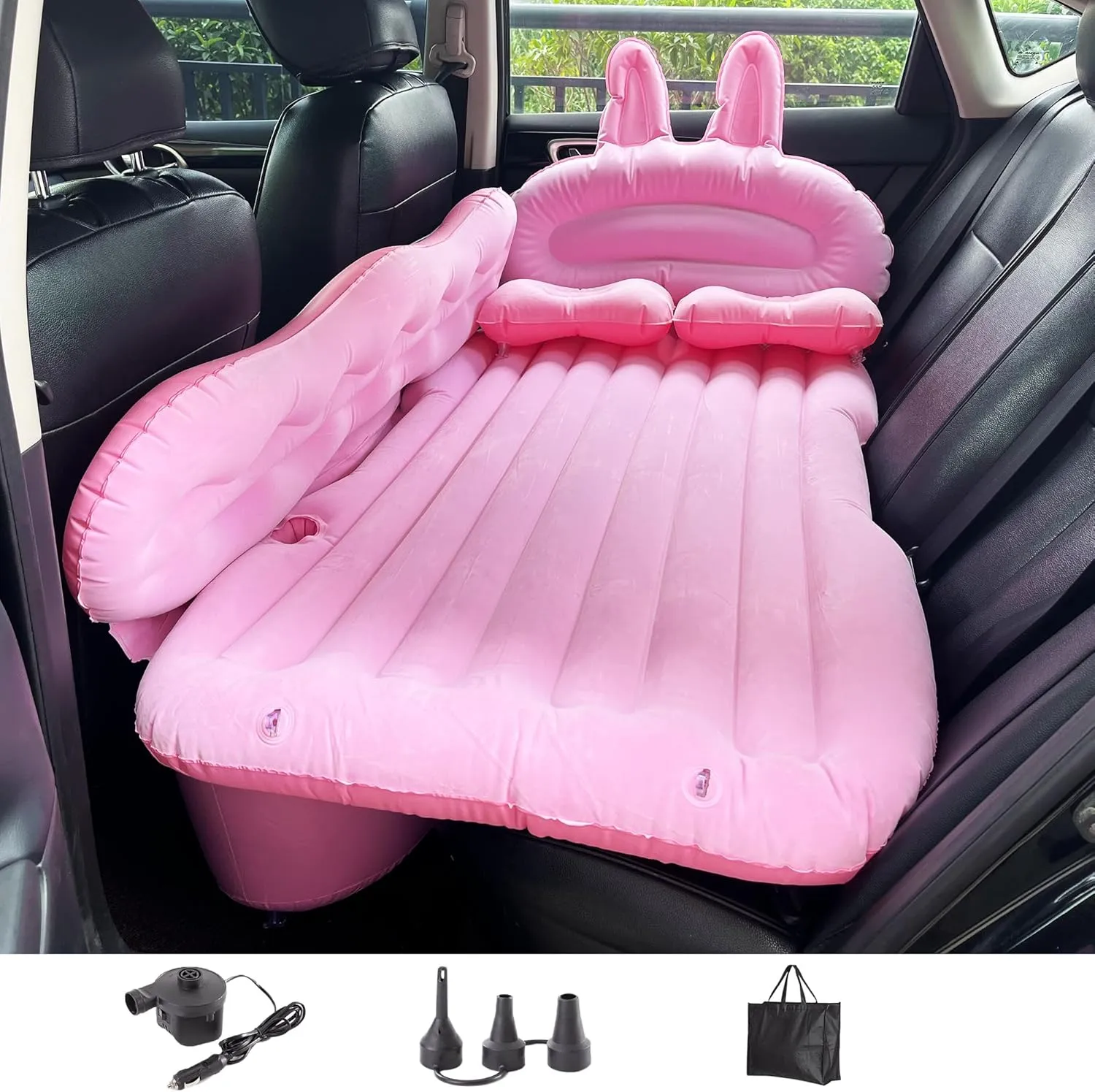 Car Inflatable Travel Mattress Back Seat Bed, SUV Air Mattress with Two Air Pillows, Outdoor Camping Mattress Sleep Bed, Portable Travel Mattress for Car Universal, Full, Pink, NKJ-01