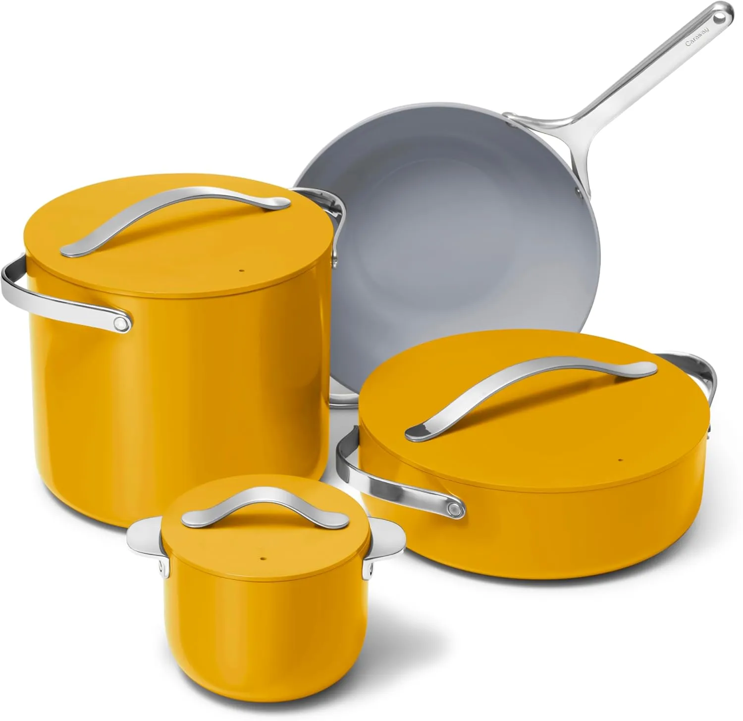 Caraway Cookware  Collection - Specialty Cookware Set - Petite Cooker, Stir Fry Pan, Rondeau, & Stock Pot - 3 Lids & Storage Organizer Included - Marigold