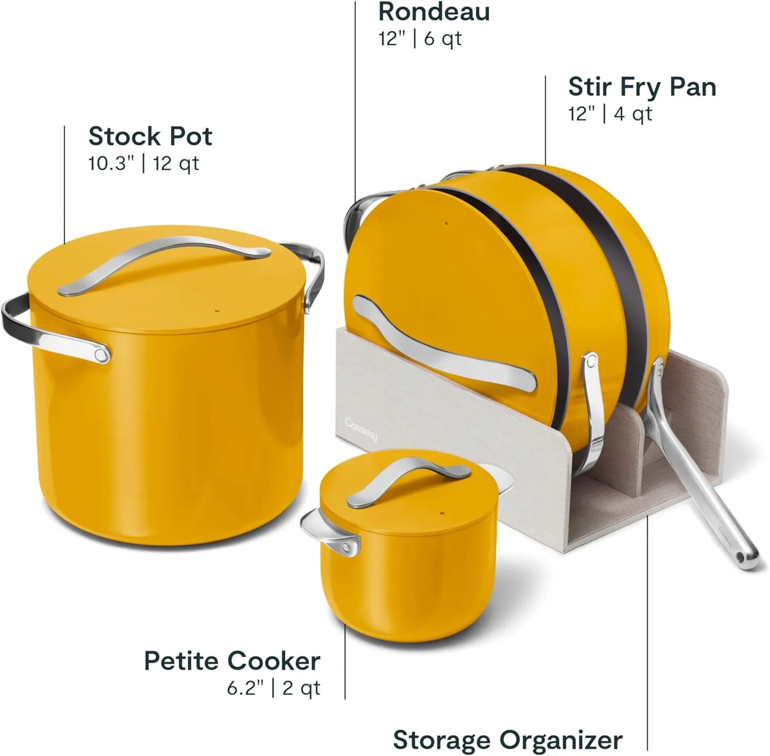 Caraway Cookware  Collection - Specialty Cookware Set - Petite Cooker, Stir Fry Pan, Rondeau, & Stock Pot - 3 Lids & Storage Organizer Included - Marigold