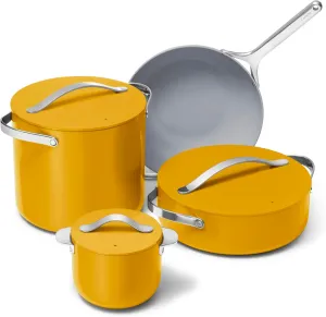 Caraway Cookware  Collection - Specialty Cookware Set - Petite Cooker, Stir Fry Pan, Rondeau, & Stock Pot - 3 Lids & Storage Organizer Included - Marigold