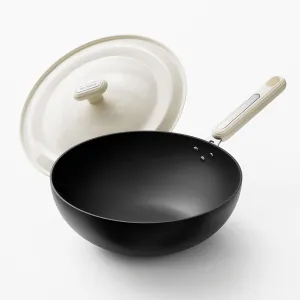 Carbon Steel Wok Pan - 11.8 Inch Pre-Seasoned Flat Bottom Chinese Woks & Stir Fry Pans with Lid, Lightweight Kitchen Cookware for All Stovetops, Gas, Electric, Gift Set for Women/Mom