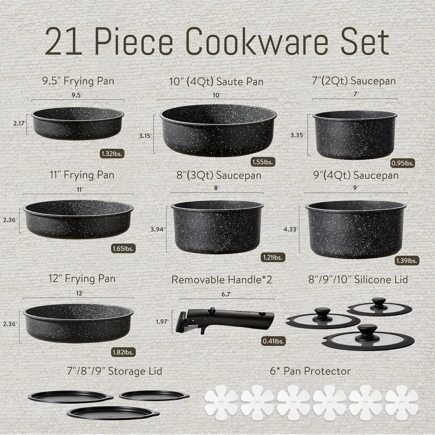 CAROTE 21pcs Pots and Pan Set, Nonstick Induction Cookware Detachable Handle,Cookware Set with Removable Handle