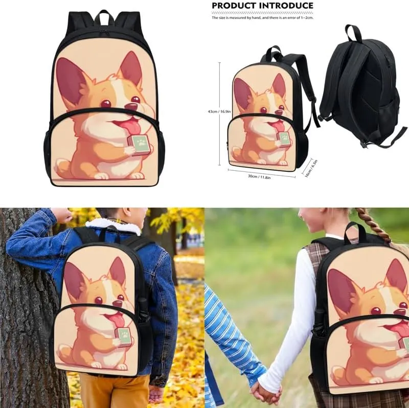 Cartoon Corgi Dog Print Teen Girls Backpack for School Kids Backpack with Cute Animal Puppy Dogs Lunch Bag Pencil Case Kindergarten Elementary Middle School Bookbags