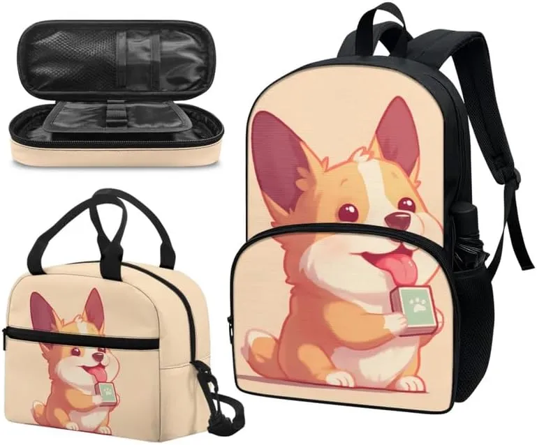 Cartoon Corgi Dog Print Teen Girls Backpack for School Kids Backpack with Cute Animal Puppy Dogs Lunch Bag Pencil Case Kindergarten Elementary Middle School Bookbags