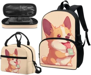 Cartoon Corgi Dog Print Teen Girls Backpack for School Kids Backpack with Cute Animal Puppy Dogs Lunch Bag Pencil Case Kindergarten Elementary Middle School Bookbags