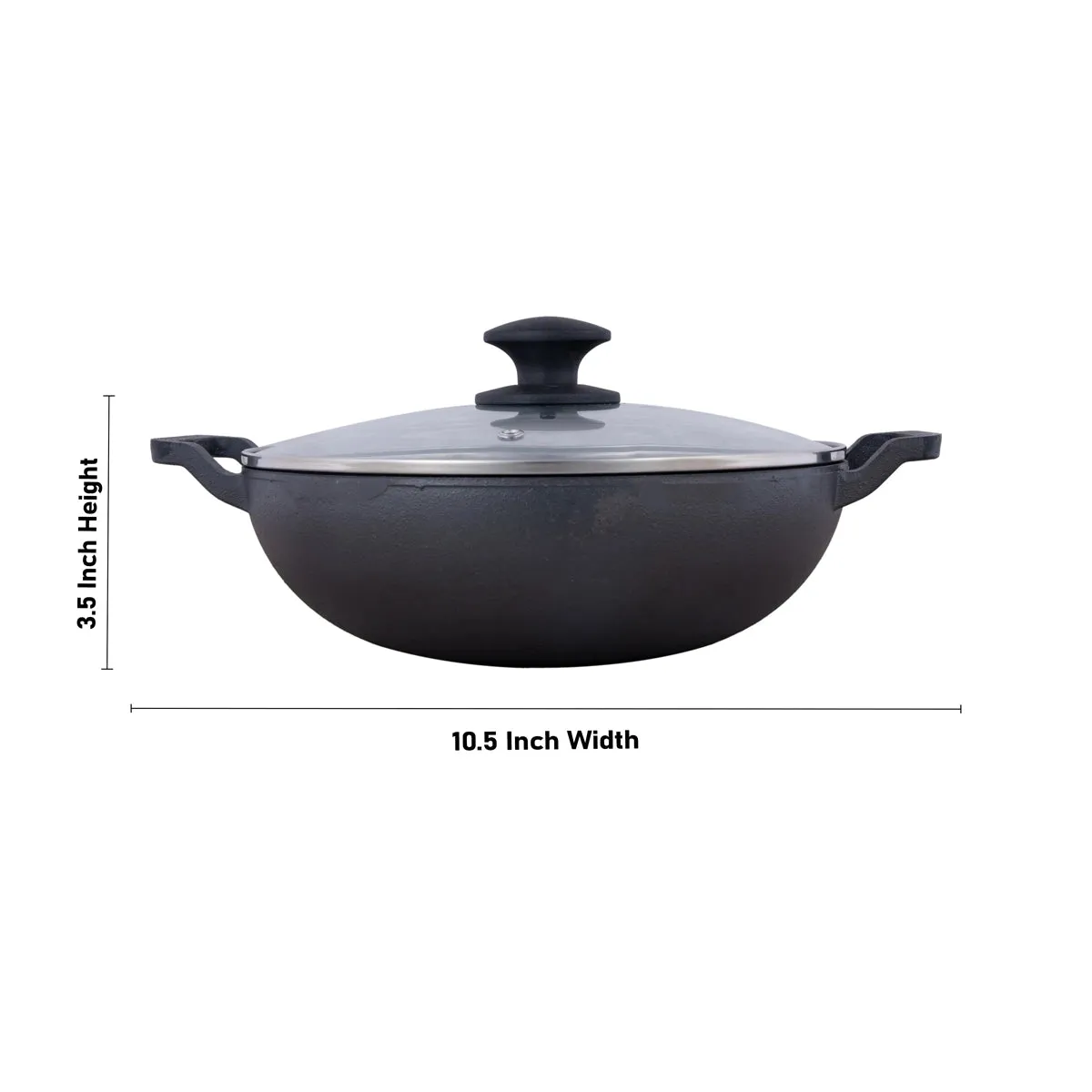 Casting Iron Kadai With Lid - 3.5 x 10.5 Inches | Kadhai/ Cast Iron Cookware for Home/ 3.380 Kgs Approx