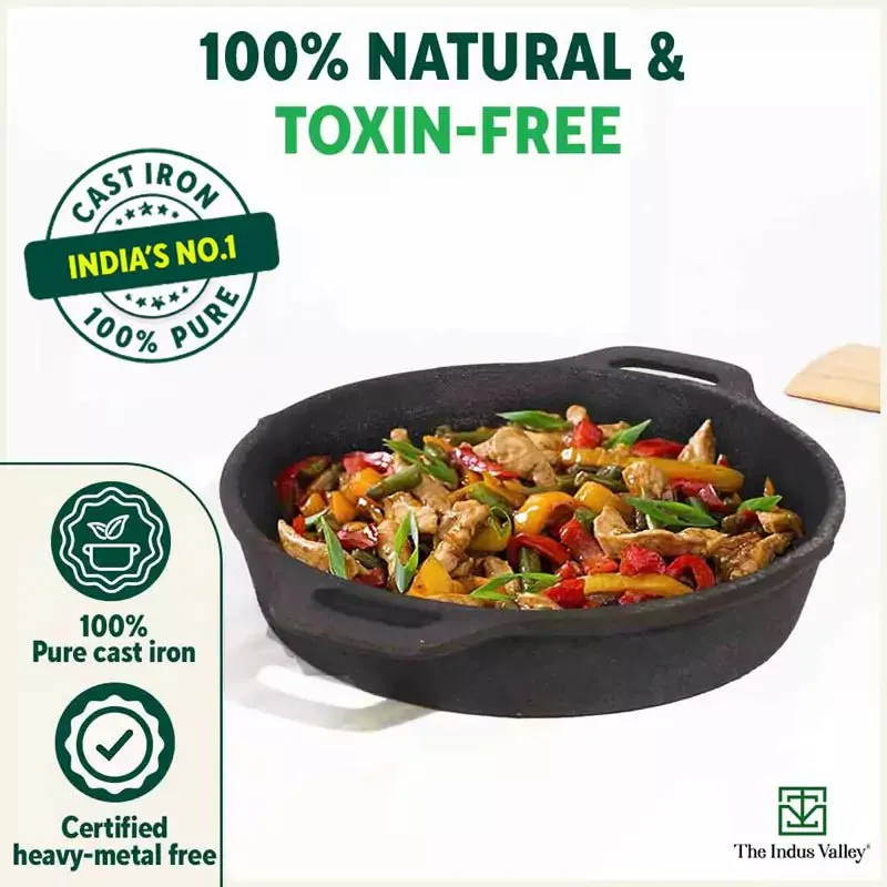 CASTrong Cast Iron Fry Pan, 2 Handles, Pre-seasoned, Nonstick, 100% Pure, Toxin-free, Induction, 24.6cm, 1.8L, 2.6kg