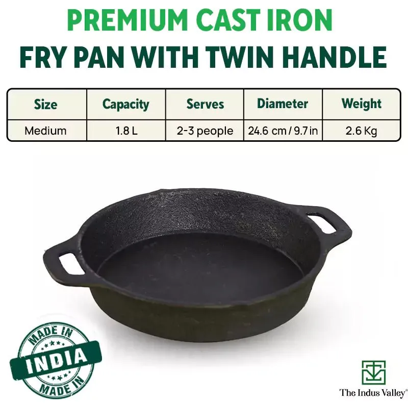 CASTrong Cast Iron Fry Pan, 2 Handles, Pre-seasoned, Nonstick, 100% Pure, Toxin-free, Induction, 24.6cm, 1.8L, 2.6kg