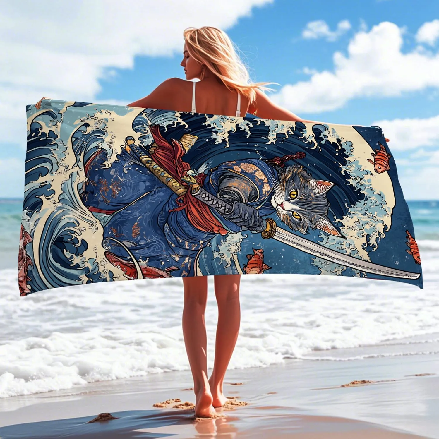 Cat Samurai Beach Towel Grey Anime Style Quick Dry Absorbent Sand Free Lightweight Bath Blanket, Outdoors Vacation Picnic Pool Gym Essentials 62x31 Inch