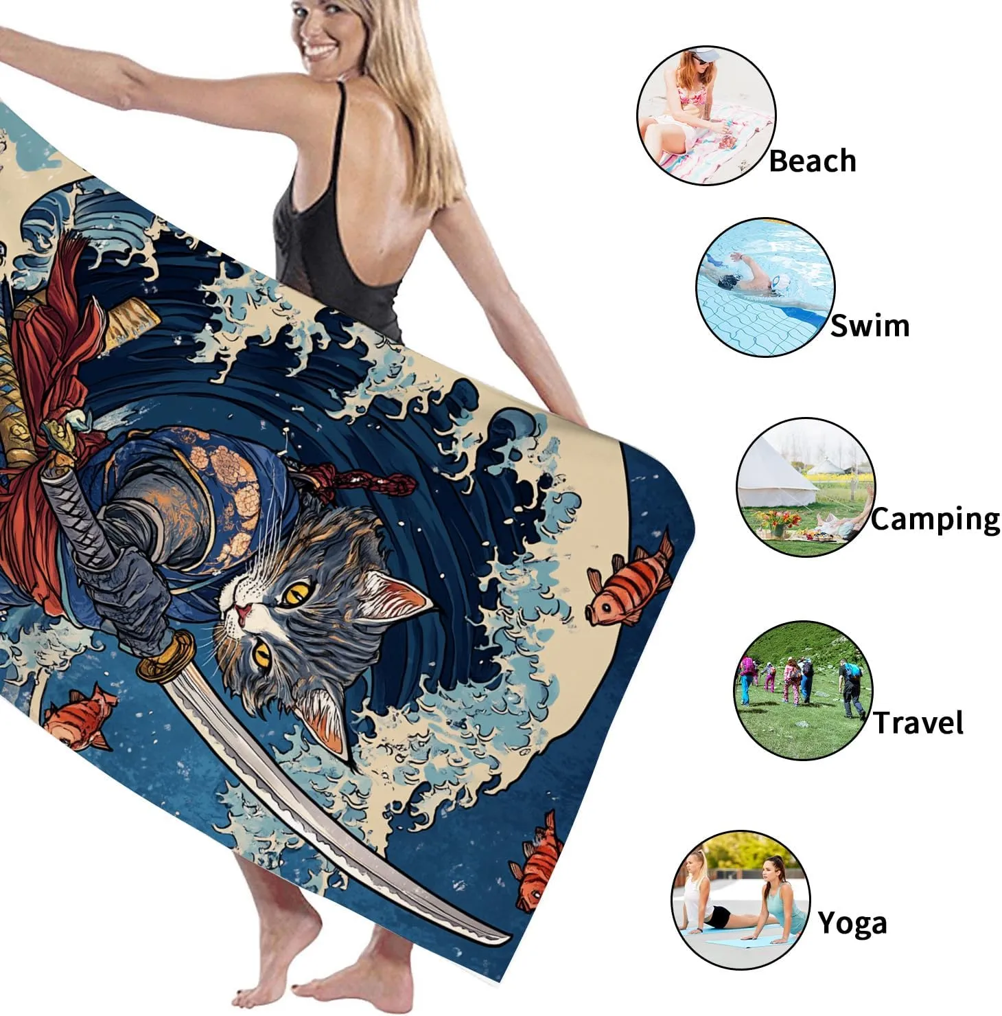 Cat Samurai Beach Towel Grey Anime Style Quick Dry Absorbent Sand Free Lightweight Bath Blanket, Outdoors Vacation Picnic Pool Gym Essentials 62x31 Inch