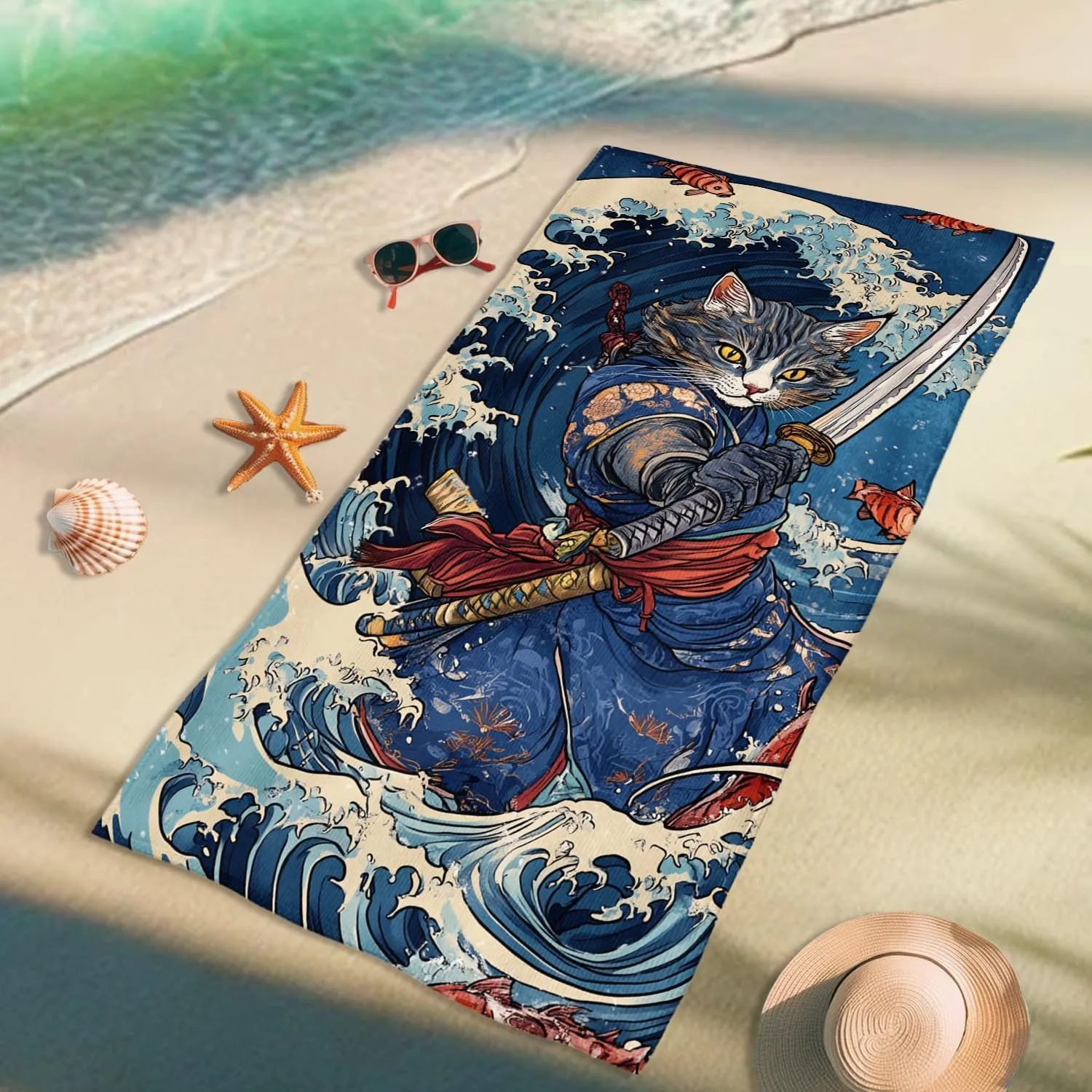 Cat Samurai Beach Towel Grey Anime Style Quick Dry Absorbent Sand Free Lightweight Bath Blanket, Outdoors Vacation Picnic Pool Gym Essentials 62x31 Inch