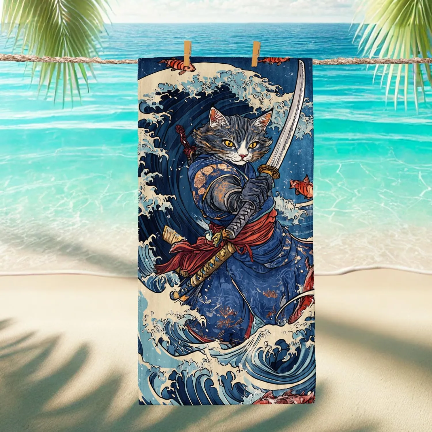 Cat Samurai Beach Towel Grey Anime Style Quick Dry Absorbent Sand Free Lightweight Bath Blanket, Outdoors Vacation Picnic Pool Gym Essentials 62x31 Inch