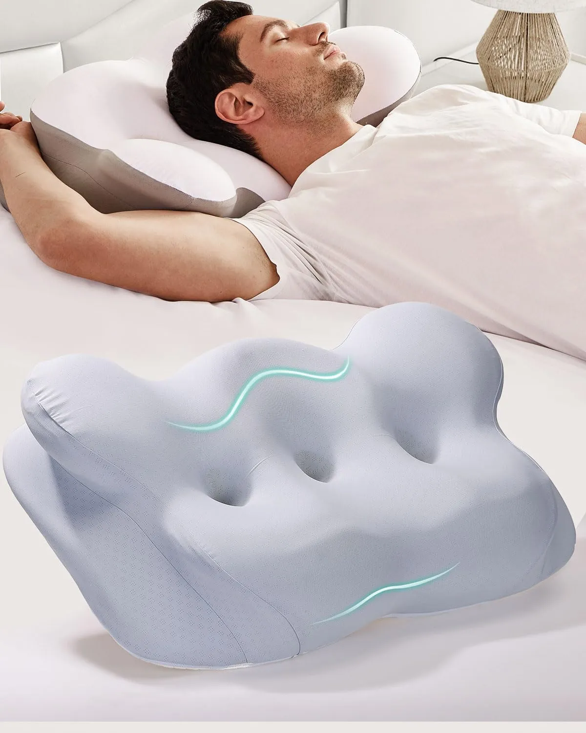 Cervical Neck Pillow for Pain Relief, Ergonomic Contour Memory Foam Pillow Side Sleeper Pillow for Neck Support,Odorless Pillow with Cooling Pillowcase