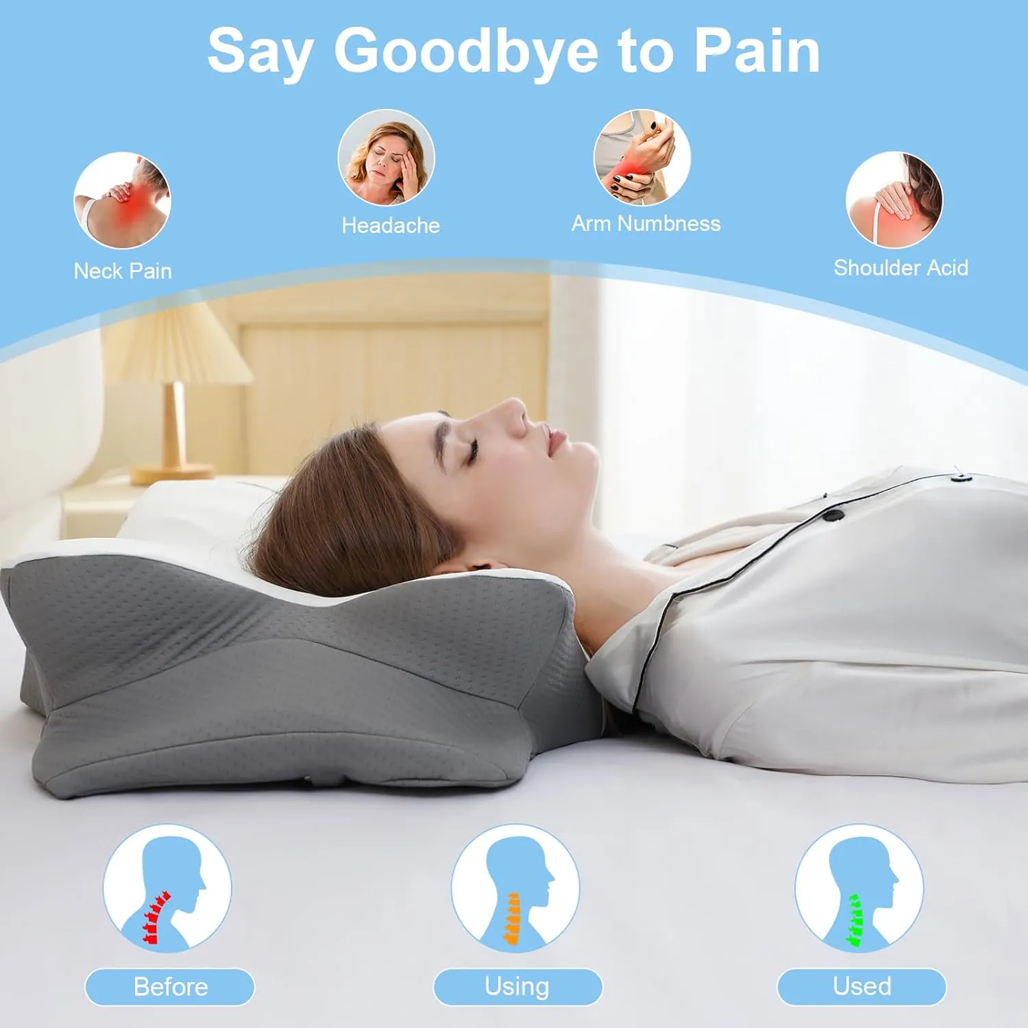 Cervical Neck Pillow for Pain Relief, Neck Support Pillows for Sleeping with Cooling Pillowcase, Contour Memory Foam Pillows, Ergonomic Orthopedic Pillow for Side Sleeper(Round White, White)