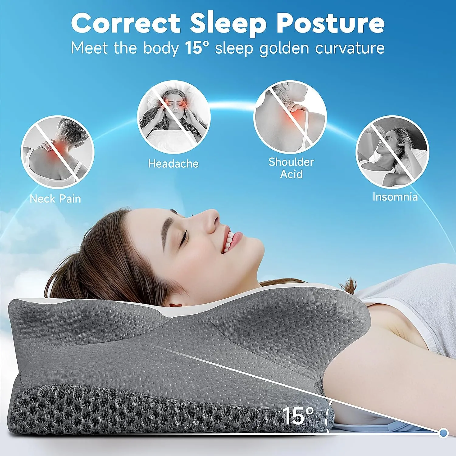 Cervical Neck Pillow, Memory Foam Neck Support Pillows for Sleeping, Shoulder Pillow for Side Sleepers, Back Stomach Sleepers, CertiPUR-US Certified, Queen Size, Grey