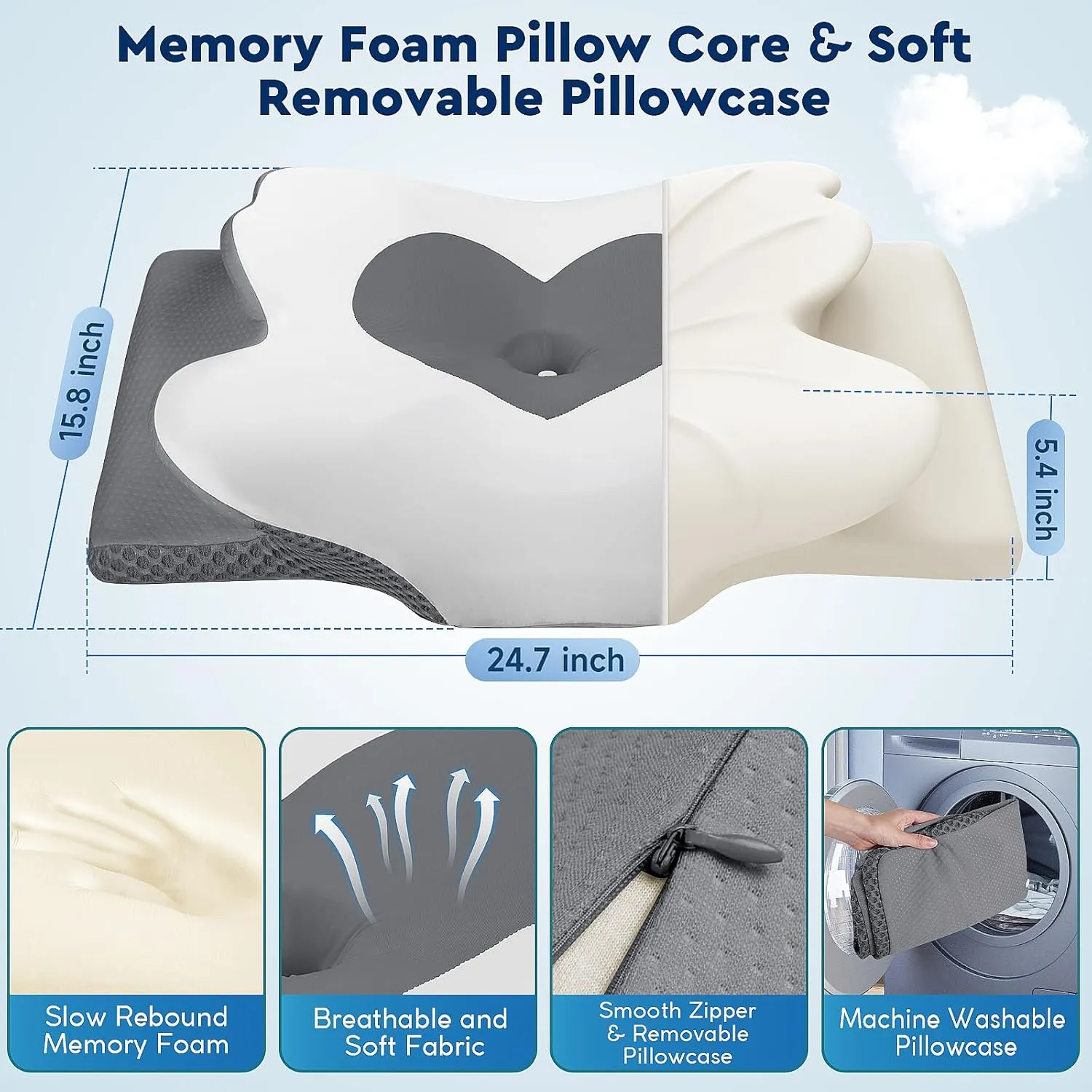 Cervical Neck Pillow, Memory Foam Neck Support Pillows for Sleeping, Shoulder Pillow for Side Sleepers, Back Stomach Sleepers, CertiPUR-US Certified, Queen Size, Grey