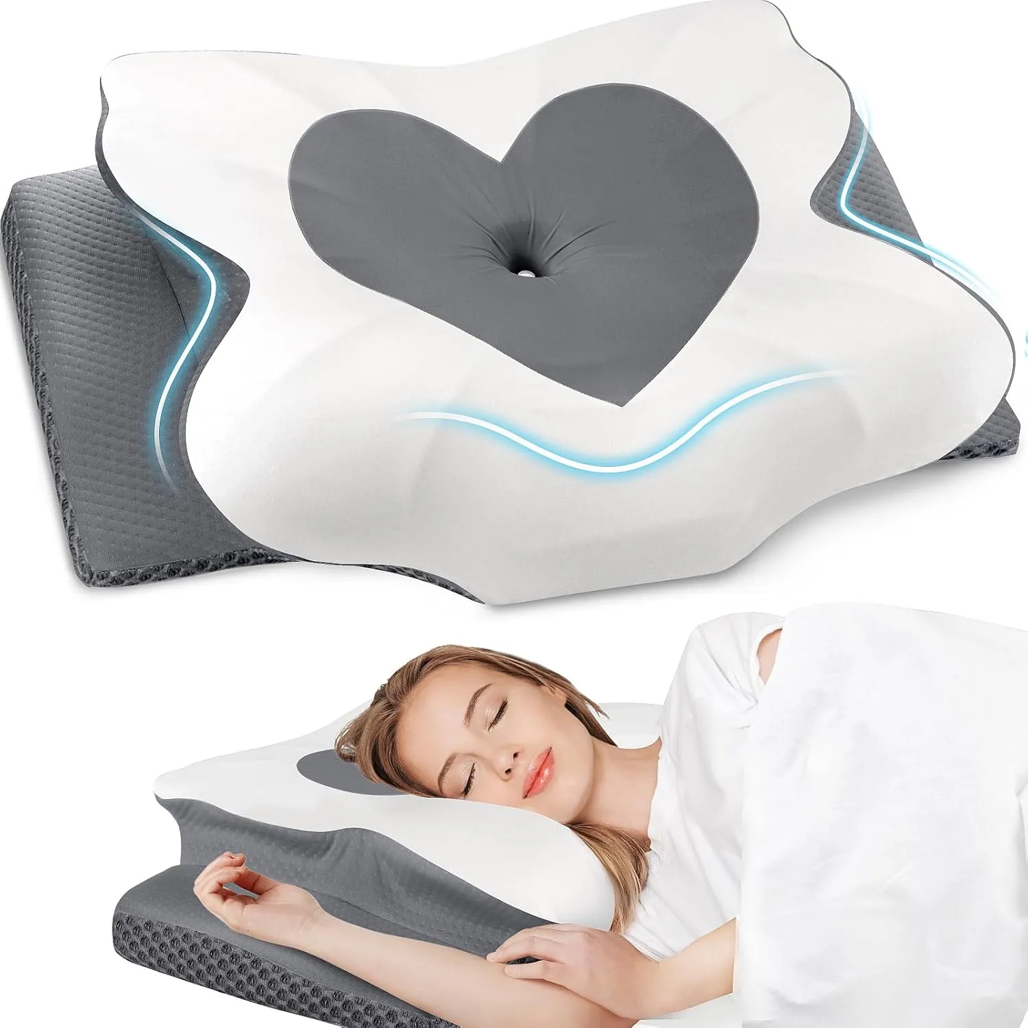 Cervical Neck Pillow, Memory Foam Neck Support Pillows for Sleeping, Shoulder Pillow for Side Sleepers, Back Stomach Sleepers, CertiPUR-US Certified, Queen Size, Grey