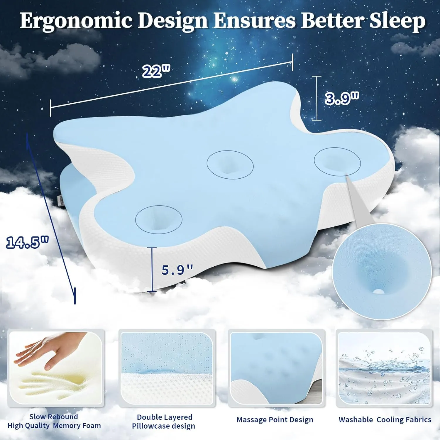 Cervical Neck Pillow, Side Sleeper Pillows, Ergonomic Neck Support Pillow for Neck Pain Relief, Orthopedic Contour Memory Foam Pillows for Side Back & Stomach Sleepers with Cooling Pillowcase