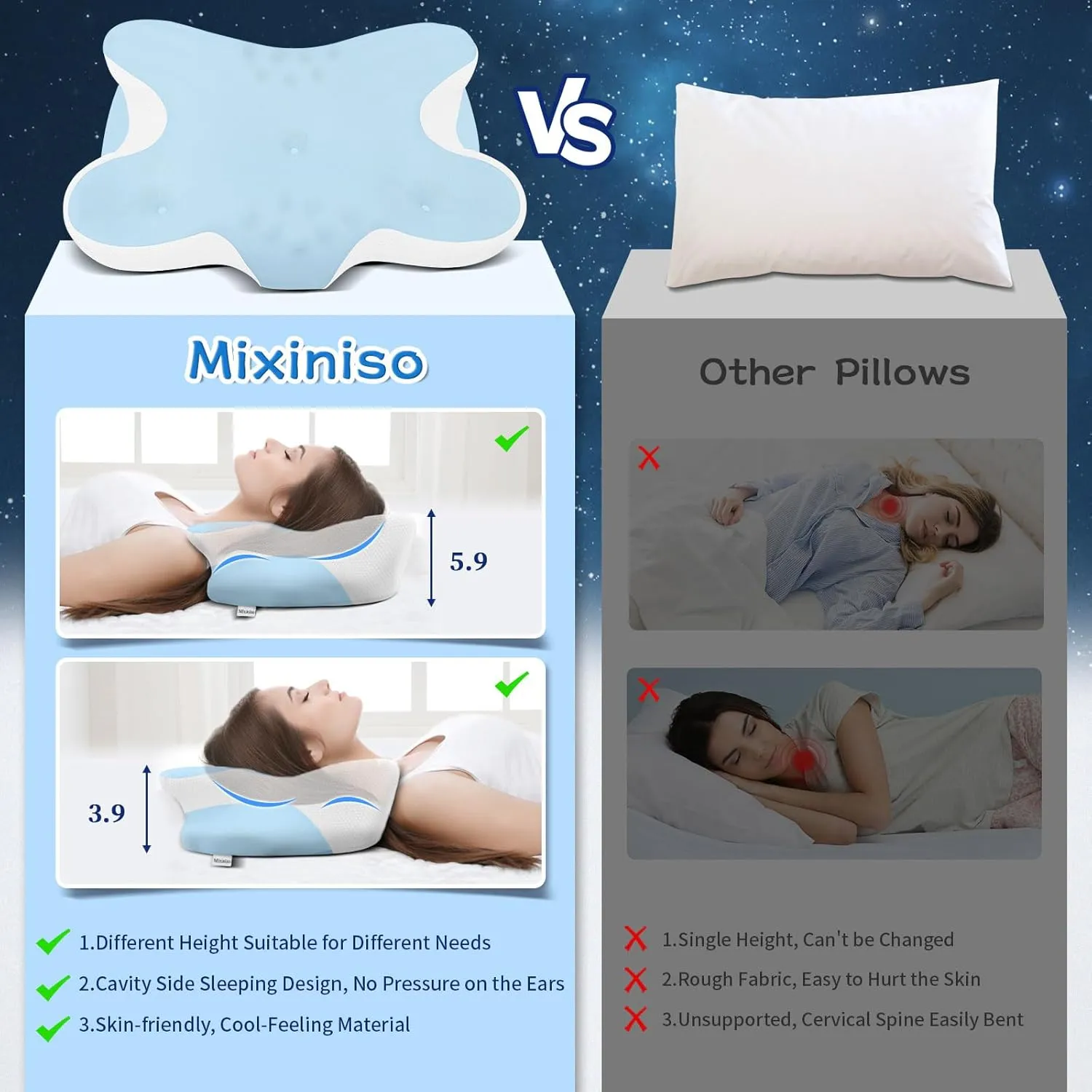 Cervical Neck Pillow, Side Sleeper Pillows, Ergonomic Neck Support Pillow for Neck Pain Relief, Orthopedic Contour Memory Foam Pillows for Side Back & Stomach Sleepers with Cooling Pillowcase