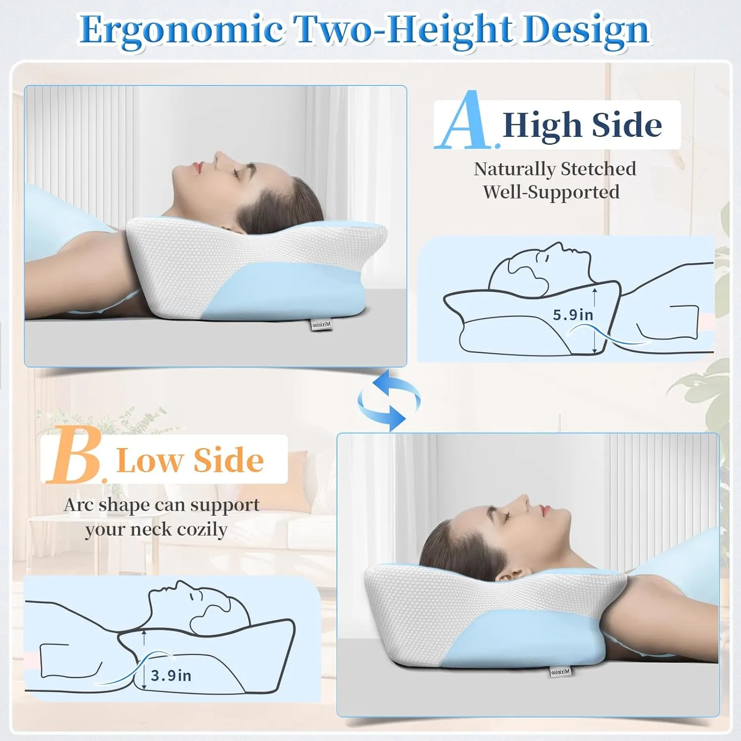 Cervical Neck Pillow, Side Sleeper Pillows, Ergonomic Neck Support Pillow for Neck Pain Relief, Orthopedic Contour Memory Foam Pillows for Side Back & Stomach Sleepers with Cooling Pillowcase