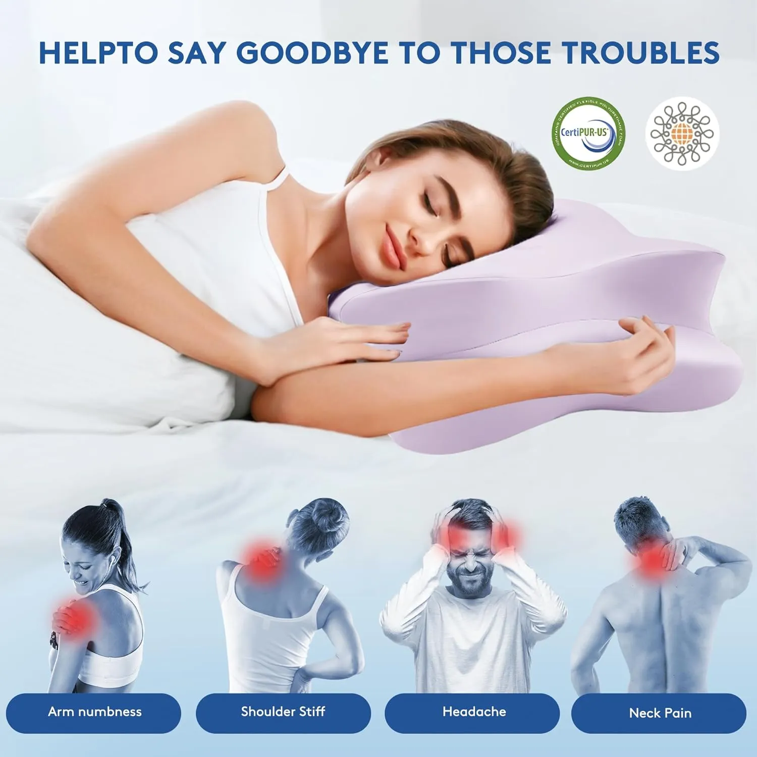 Cervical Pillow for Neck Pain Relief, Cooling Contour Memory Foam Pillows Support Odorless Ergonomic Neck Pillow Adjustable Orthopedic Bed Pillow for Side Back Stomach Sleeper with Pillowcase，Purple