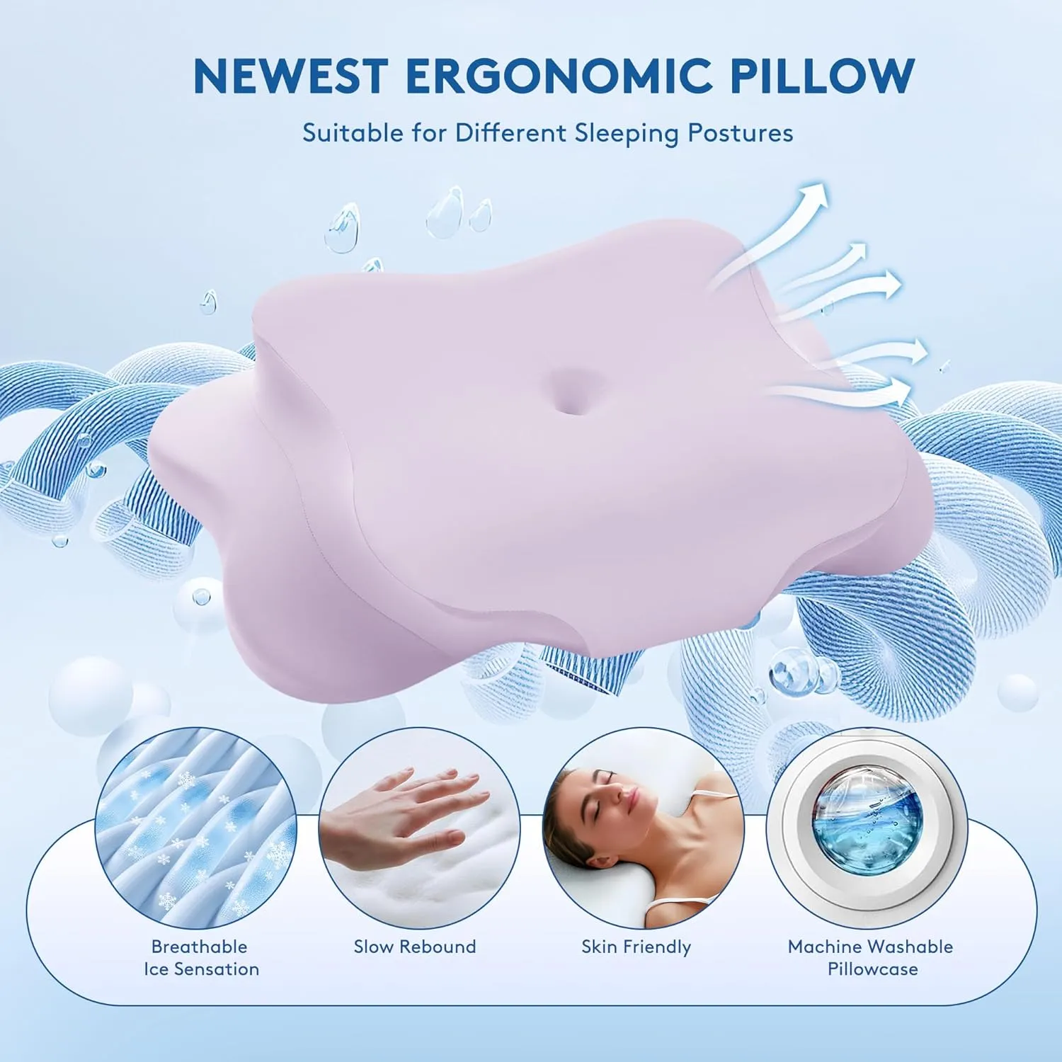 Cervical Pillow for Neck Pain Relief, Cooling Contour Memory Foam Pillows Support Odorless Ergonomic Neck Pillow Adjustable Orthopedic Bed Pillow for Side Back Stomach Sleeper with Pillowcase，Purple