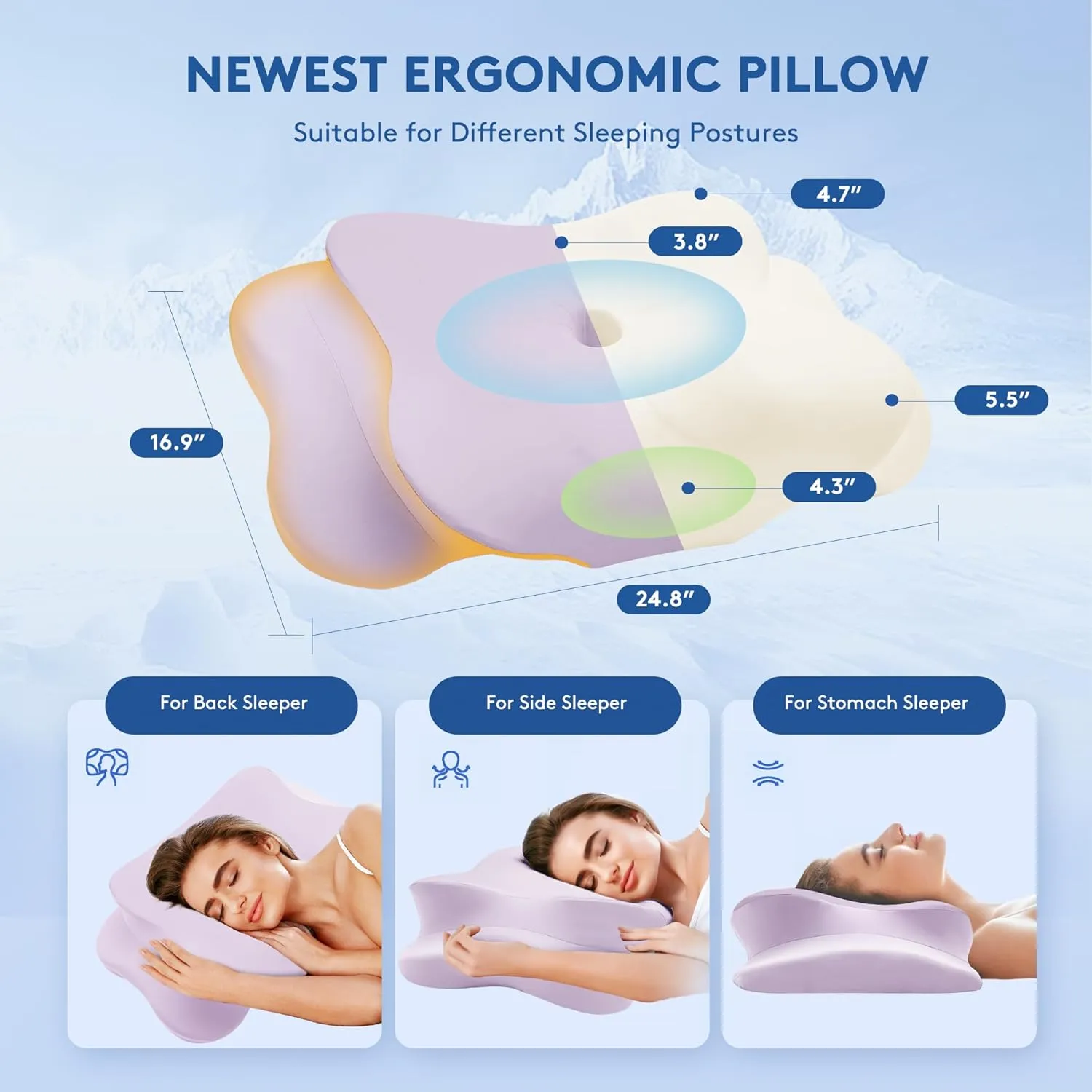 Cervical Pillow for Neck Pain Relief, Cooling Contour Memory Foam Pillows Support Odorless Ergonomic Neck Pillow Adjustable Orthopedic Bed Pillow for Side Back Stomach Sleeper with Pillowcase，Purple