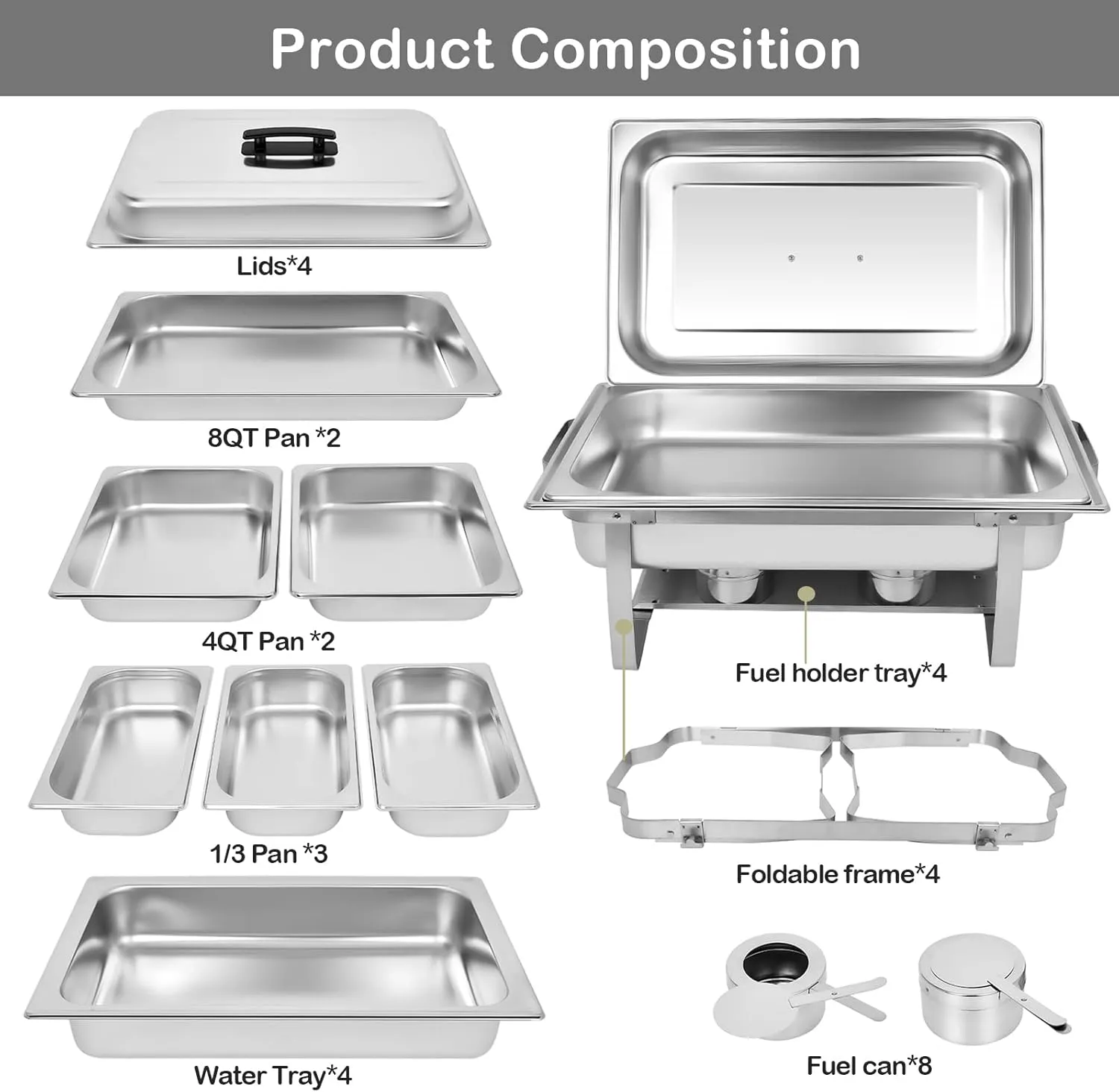 Chafing Dish Buffet Set[4 Pack] 8QT Stainless Steel Buffet Chafers,Catering Food Warmers Set With 7 Trays