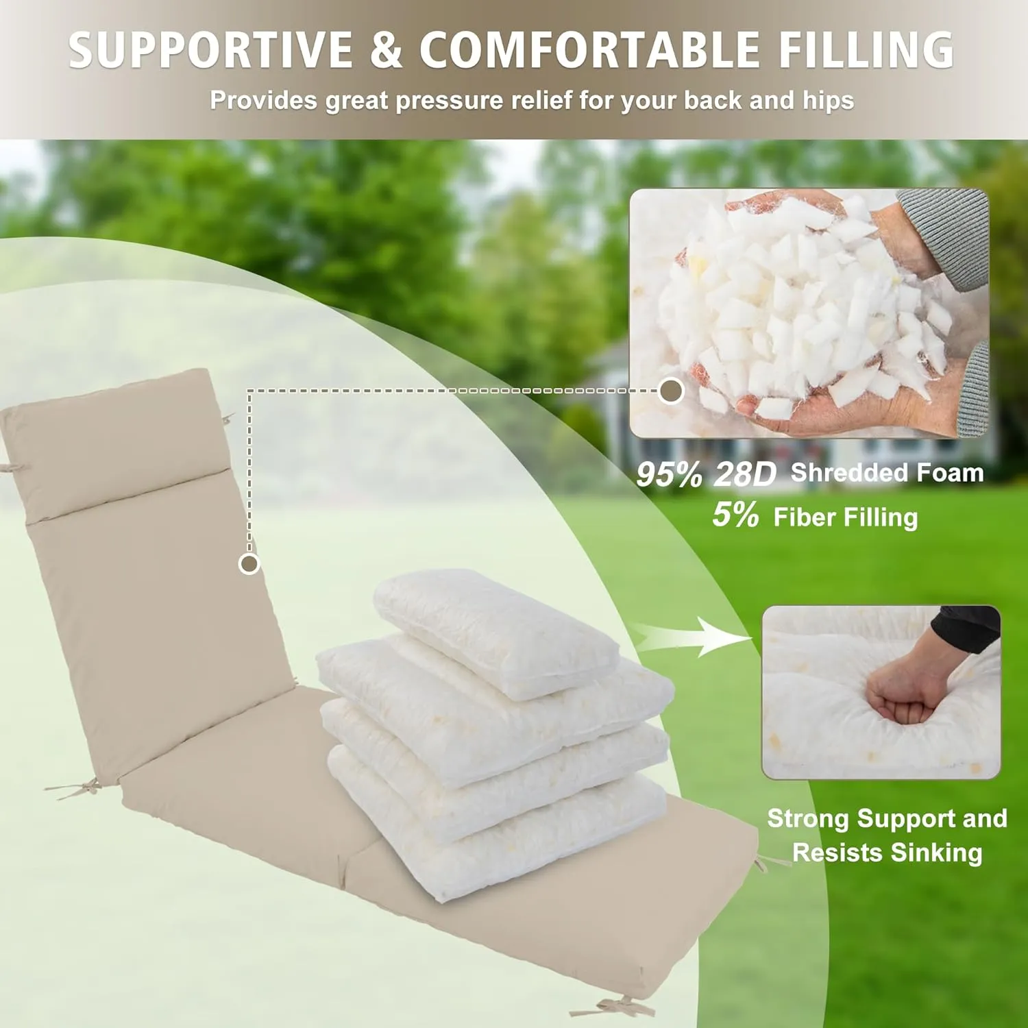 Chaise Lounge Cushion 72x21x3 Inch - Set of 2 Outdoor Lounge Chair Cushions, Lounger Pad Replacement with Fade-Resistant, Removable & Machine-Washable Covers, Ideal for Patio Chaise Chairs, Cream