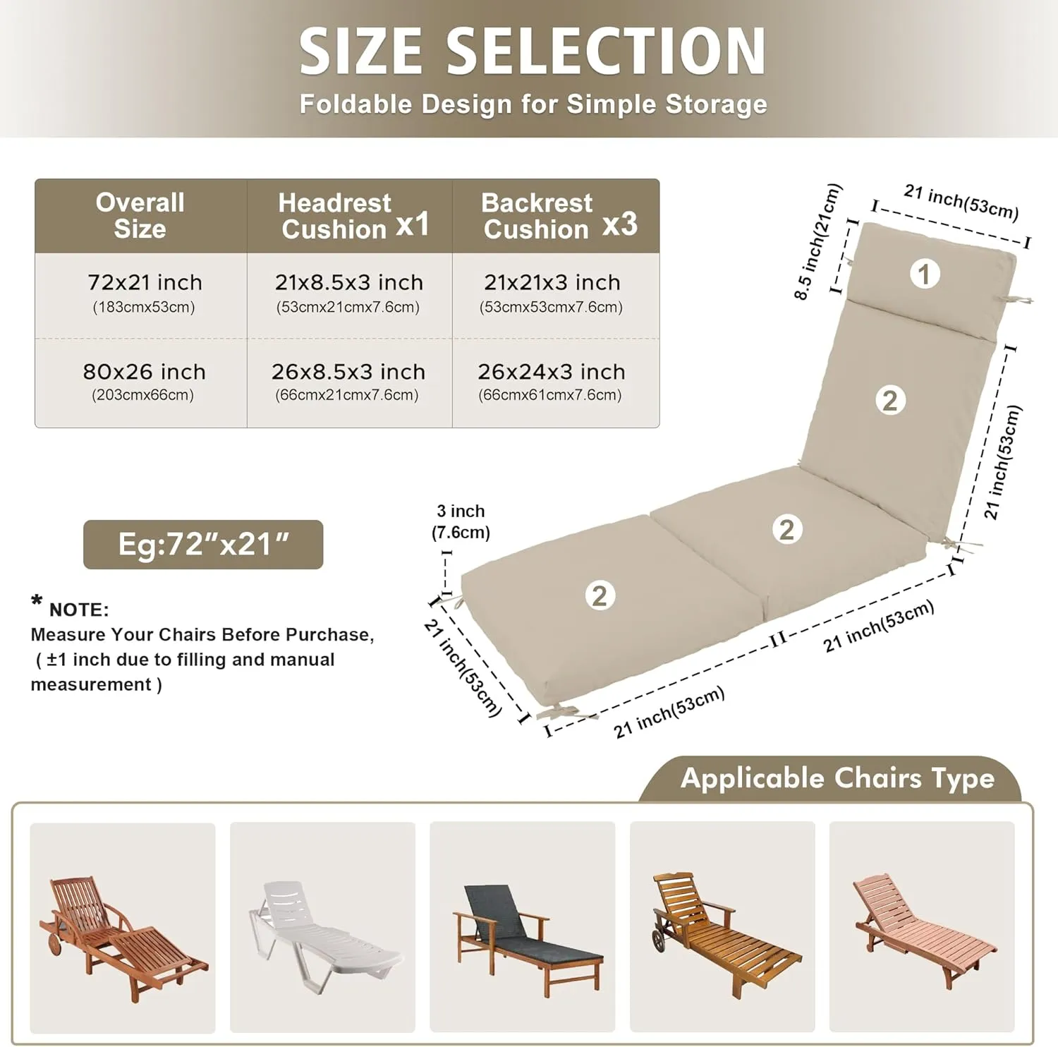Chaise Lounge Cushion 72x21x3 Inch - Set of 2 Outdoor Lounge Chair Cushions, Lounger Pad Replacement with Fade-Resistant, Removable & Machine-Washable Covers, Ideal for Patio Chaise Chairs, Cream