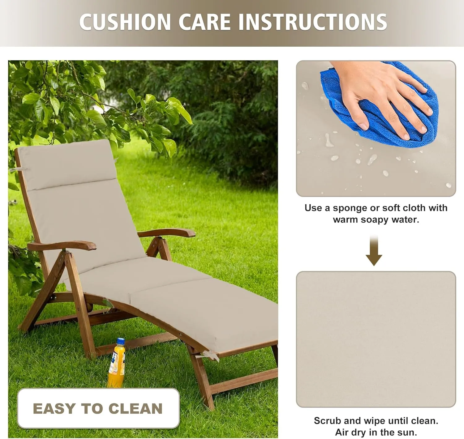 Chaise Lounge Cushion 72x21x3 Inch - Set of 2 Outdoor Lounge Chair Cushions, Lounger Pad Replacement with Fade-Resistant, Removable & Machine-Washable Covers, Ideal for Patio Chaise Chairs, Cream
