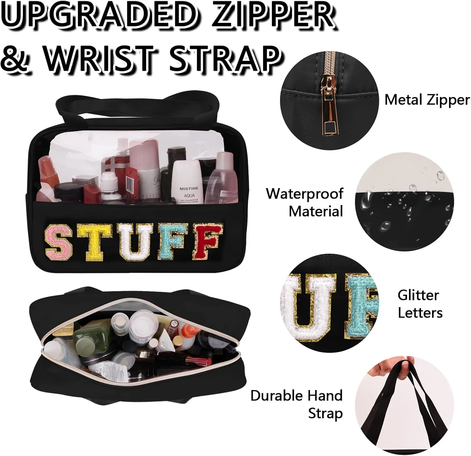 Chenille Letter Patch Stuff Bag, Preppy Clear Makeup Cosmetic Bag Large Toiletry Storage Tote Bag with Handle, Transparent Nylon Waterproof Organizer Zipper Pouch for Travel Women Girls(Black)