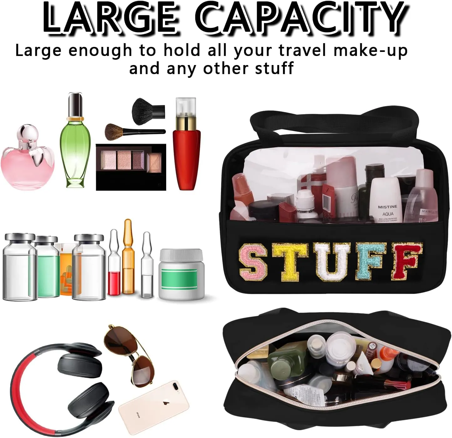 Chenille Letter Patch Stuff Bag, Preppy Clear Makeup Cosmetic Bag Large Toiletry Storage Tote Bag with Handle, Transparent Nylon Waterproof Organizer Zipper Pouch for Travel Women Girls(Black)
