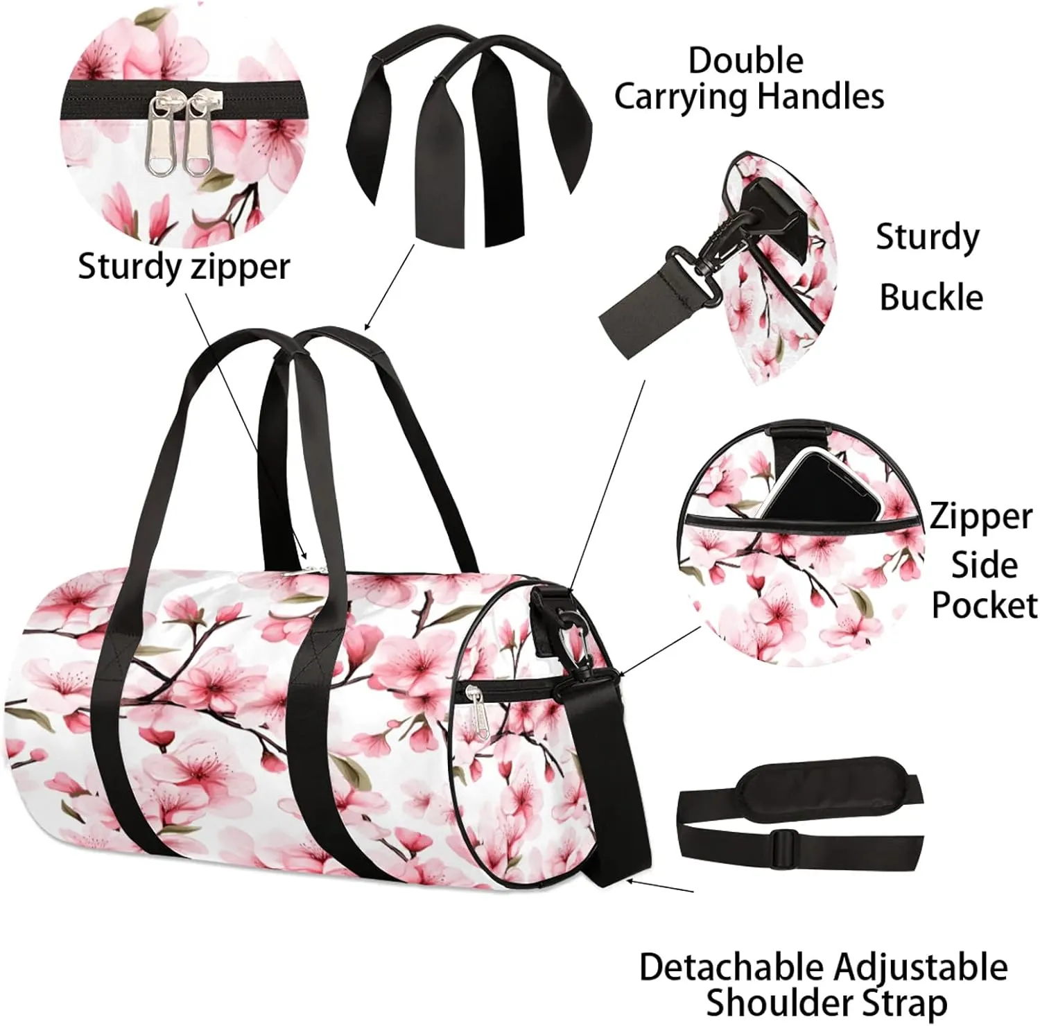 Cherry Japanese Cherry Blossom Sports Gym Bag for Men Women Lightweight Travel Duffle Bag with Shoulder Strap Waterproof Carry On Weekender Overnight Bag for Travel Sports Gym