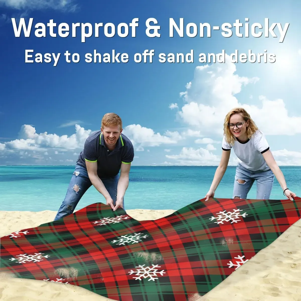Christmas Lattice Beach Blanket, Sandproof Beach Mat, 68 x 59 Waterproof Quick Drying Sand Free Mat with 4 x Ground Spikes for Outdoor Travel Camping Hiking, Snowflake
