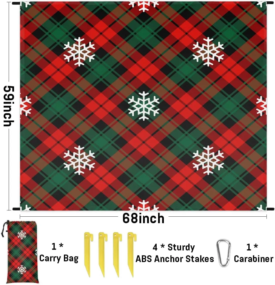 Christmas Lattice Beach Blanket, Sandproof Beach Mat, 68 x 59 Waterproof Quick Drying Sand Free Mat with 4 x Ground Spikes for Outdoor Travel Camping Hiking, Snowflake