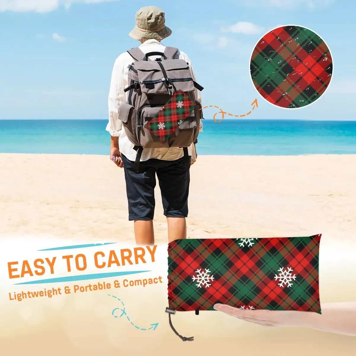 Christmas Lattice Beach Blanket, Sandproof Beach Mat, 68 x 59 Waterproof Quick Drying Sand Free Mat with 4 x Ground Spikes for Outdoor Travel Camping Hiking, Snowflake