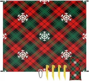 Christmas Lattice Beach Blanket, Sandproof Beach Mat, 68 x 59 Waterproof Quick Drying Sand Free Mat with 4 x Ground Spikes for Outdoor Travel Camping Hiking, Snowflake