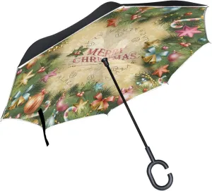 Christmas Wreath Reverse Inverted Inside Out Umbrella Cars Unigue Windproof UV Proof Double Layer for Women