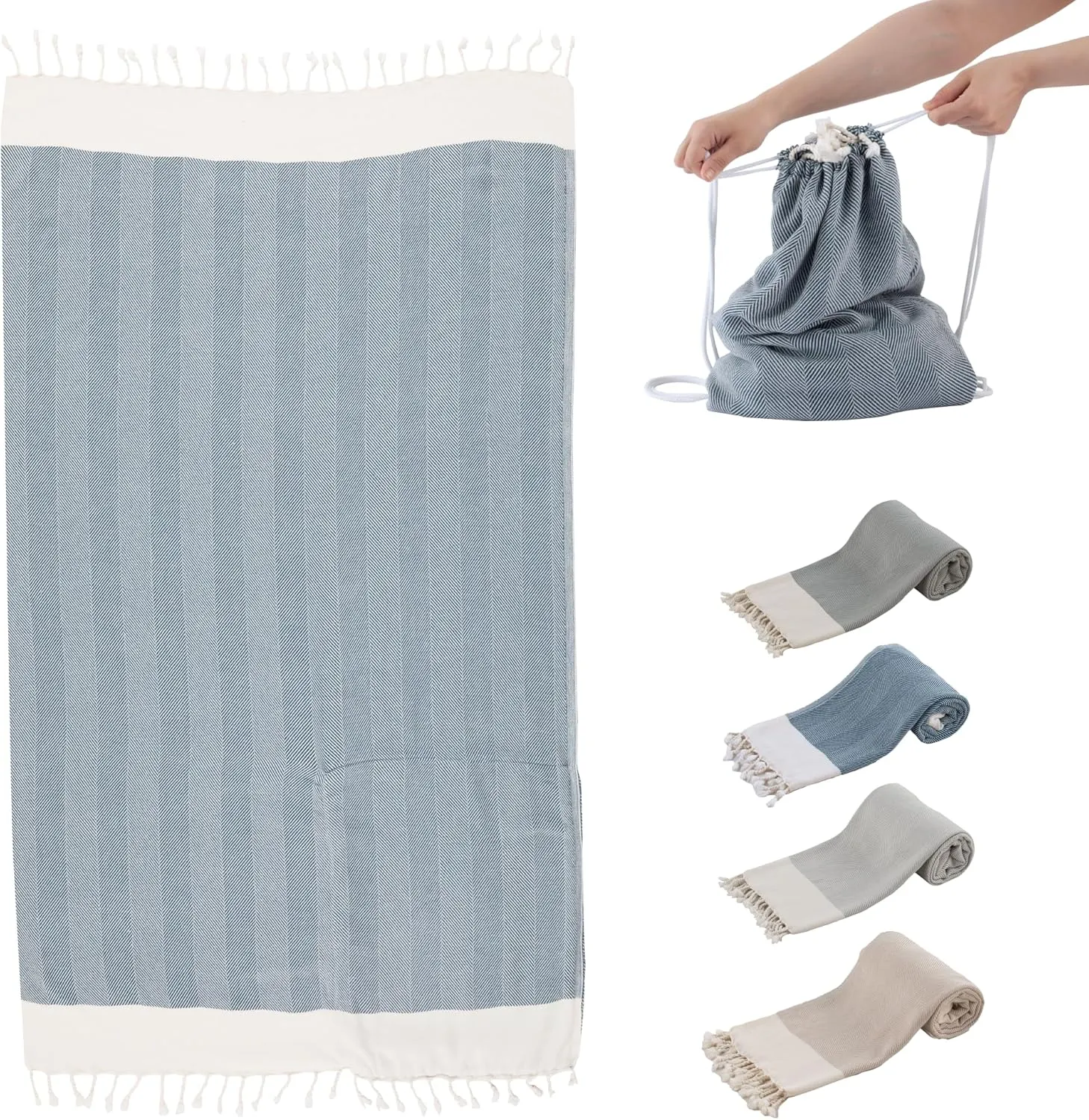 Citrine Turkish Beach Towel, 100% Cotton Hammam Towel with Drawstring Bag, Lightweight Peshtemal Bath Sheets with Tassels, Quickdry Bath Towel for Travel, Spa, Pool, Sauna, Sand, 35"x59", Navy