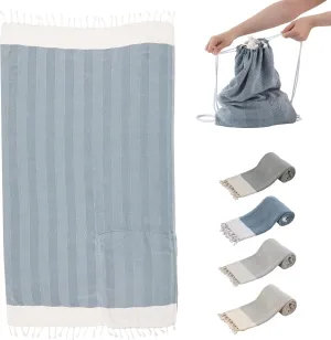 Citrine Turkish Beach Towel, 100% Cotton Hammam Towel with Drawstring Bag, Lightweight Peshtemal Bath Sheets with Tassels, Quickdry Bath Towel for Travel, Spa, Pool, Sauna, Sand, 35"x59", Navy