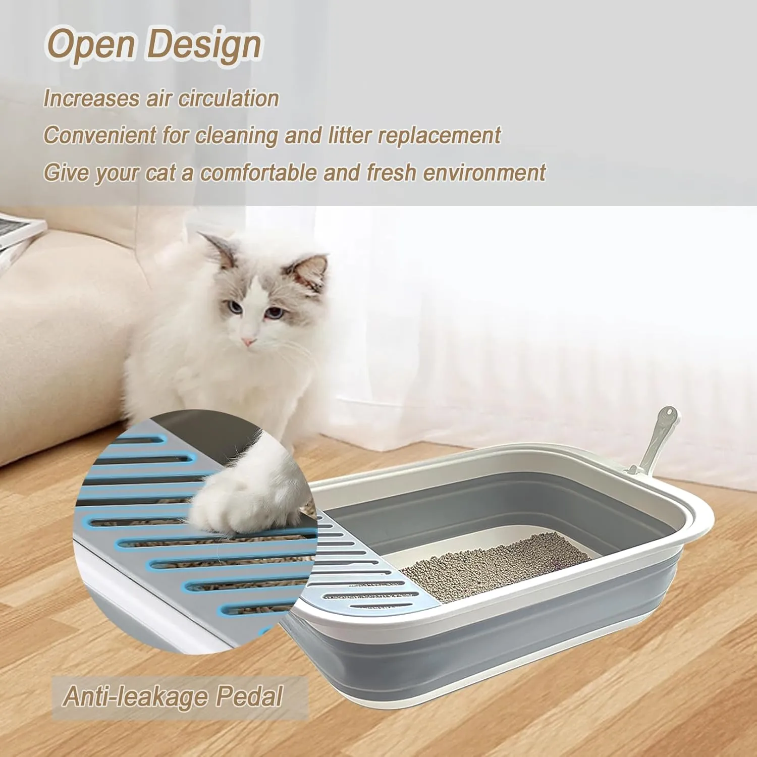 Collapsible Kitten Litter Box, 17.7 x 13.4 x 5 inch Open Cat Potty Pan with Scoop Foldable Shallow Cat Toilet Anti-Splashing Low Entrance Travel Litter Box with Falling Sand Pedal Grey