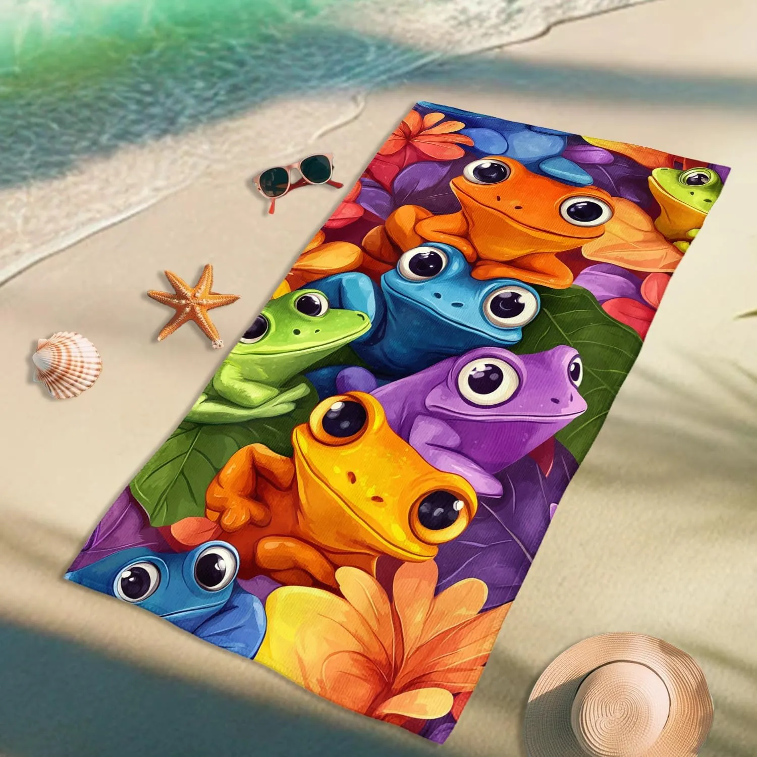 Colorful Frogs Microfiber Beach Towel Vibrant Tropical Amphibians Towel, Quick Dry Absorbent Soft Lightweight Sand Free Blanket, Vacation Pool Picnic Outdoor Essentials 70x35 Inch