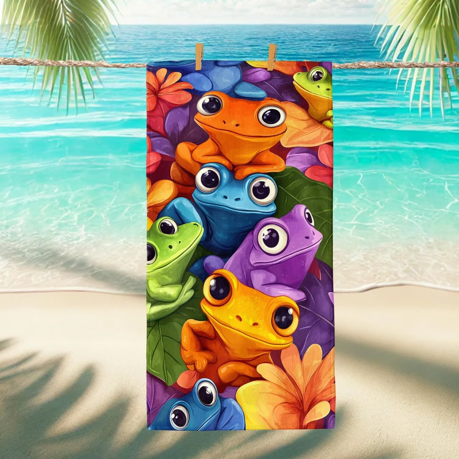 Colorful Frogs Microfiber Beach Towel Vibrant Tropical Amphibians Towel, Quick Dry Absorbent Soft Lightweight Sand Free Blanket, Vacation Pool Picnic Outdoor Essentials 70x35 Inch