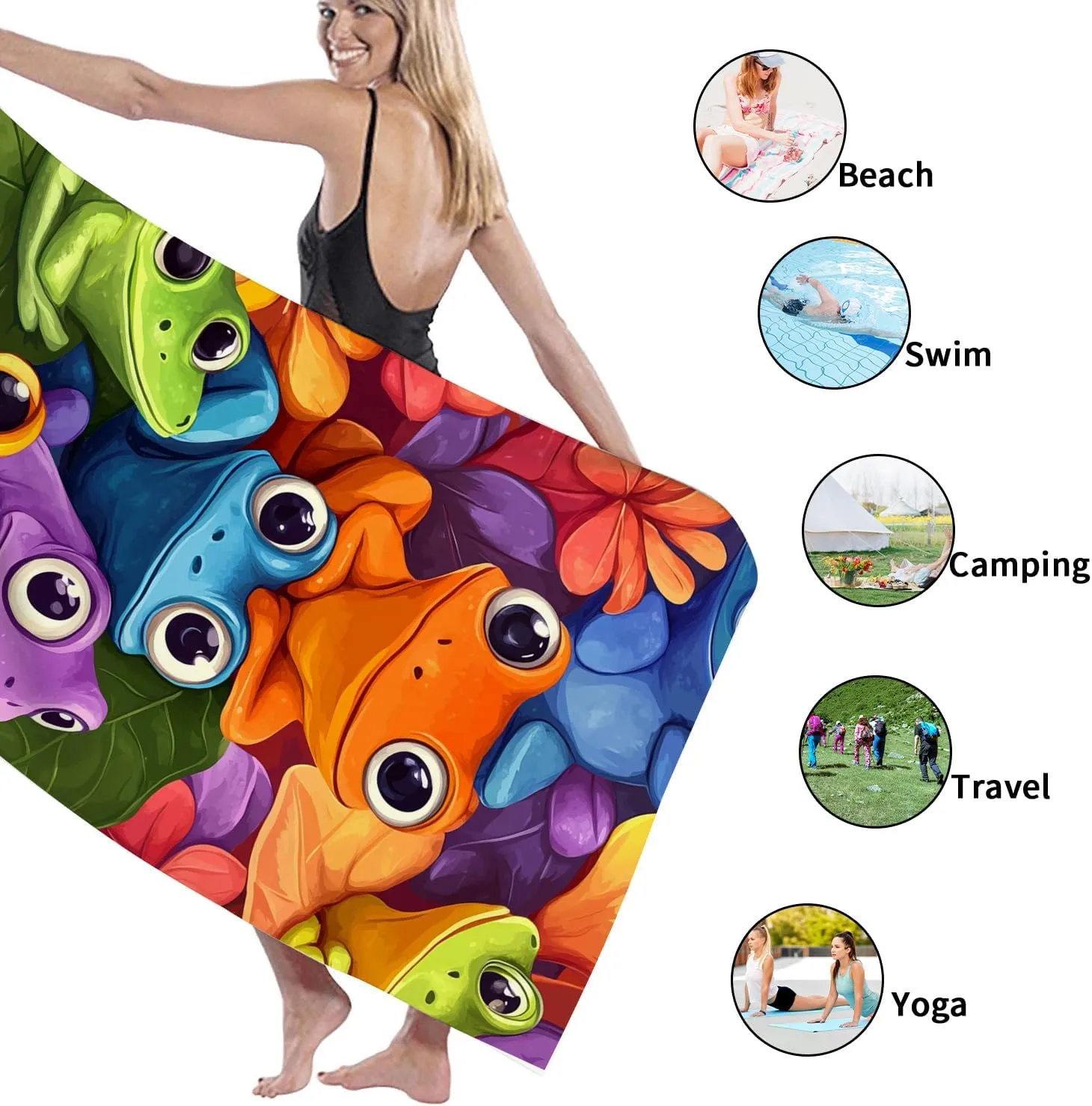 Colorful Frogs Microfiber Beach Towel Vibrant Tropical Amphibians Towel, Quick Dry Absorbent Soft Lightweight Sand Free Blanket, Vacation Pool Picnic Outdoor Essentials 70x35 Inch