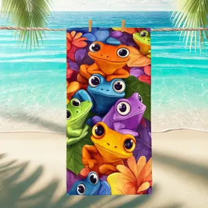 Colorful Frogs Microfiber Beach Towel Vibrant Tropical Amphibians Towel, Quick Dry Absorbent Soft Lightweight Sand Free Blanket, Vacation Pool Picnic Outdoor Essentials 70x35 Inch