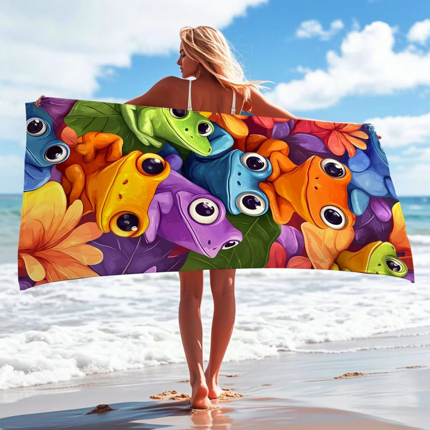 Colorful Frogs Microfiber Beach Towel Vibrant Tropical Amphibians Towel, Quick Dry Absorbent Soft Lightweight Sand Free Blanket, Vacation Pool Picnic Outdoor Essentials 70x35 Inch
