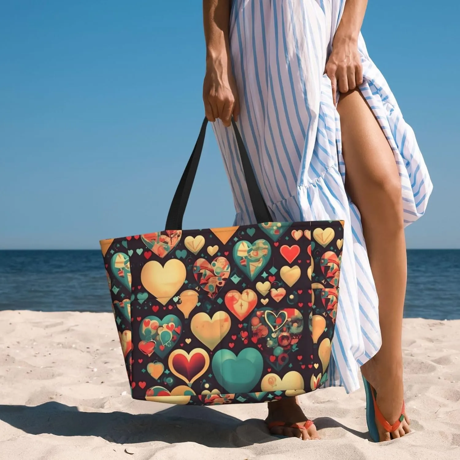 Colorful hearts portable travel bag large capacity luggage bag beach bag dry and wet separation gym bag lightweight