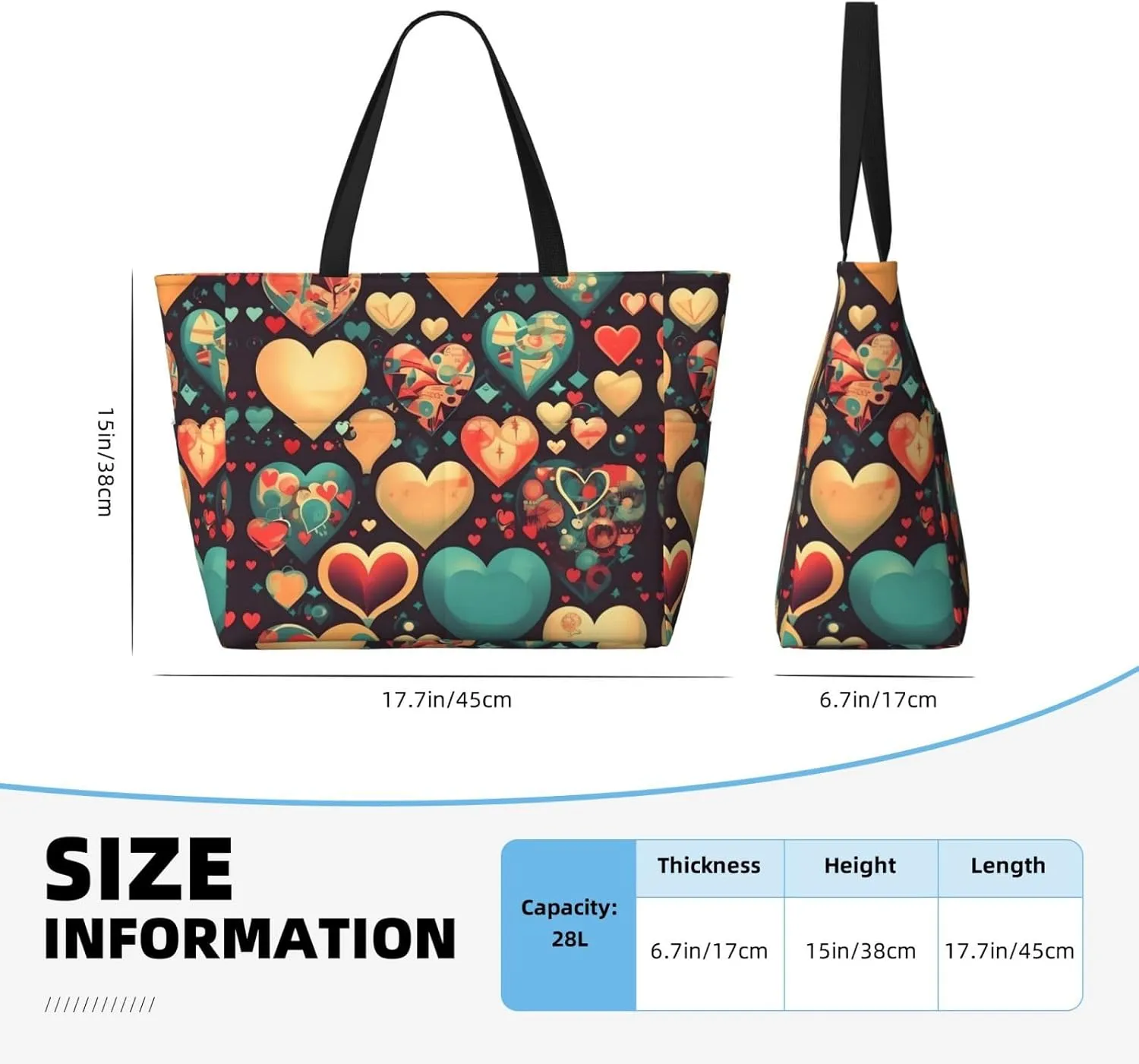 Colorful hearts portable travel bag large capacity luggage bag beach bag dry and wet separation gym bag lightweight